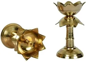 2 Pcs Brass Diwali Deepak On Stand Diya , Crystal Diya Table Diya Decorative Showpiece - 5 Inch (Brass, Crystal, Gold)-thumb1