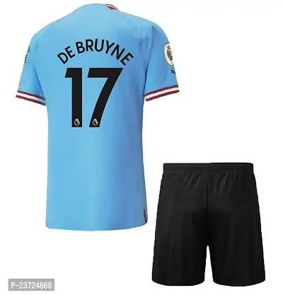 De Bruyne 17 Blue Football Team Half Sleeve Jersey with Black Shorts 2022/2023 for Men  Kids(10-11Years)