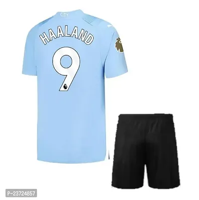 Erling Braut Haaland 9 Blue Football Team Jersey with Shorts 2023-2024 (Men  Kids)(14-15Years)