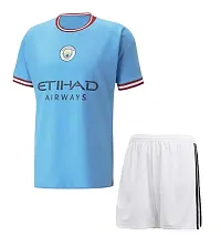 De Bruyne 17 Blue Football Team Half Sleeve Tshirt with Shorts 2022/2023 for Men  Kids(Large 40)-thumb1