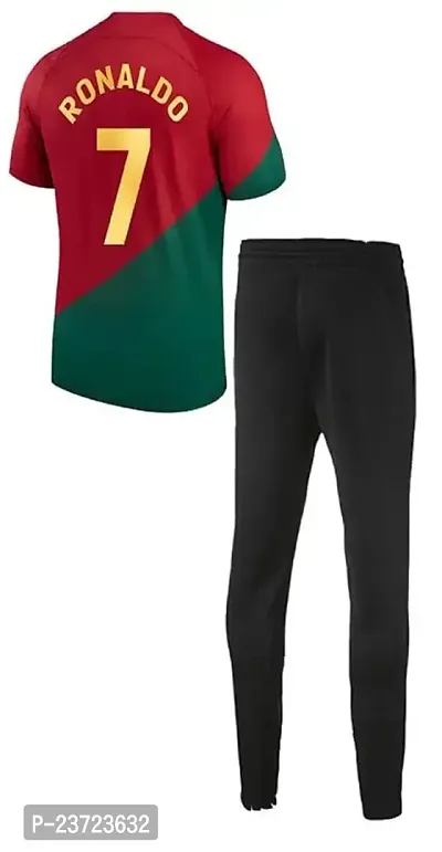 Portugal Red Cristiano Ronaldo 7 Home Original Football Half Sleeve Jersey with Track Pant for Boys and Men 2022-2023(Large 40)