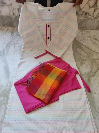 Stylish Cotton Blend Kurta With Pant And Dupatta Set For Women