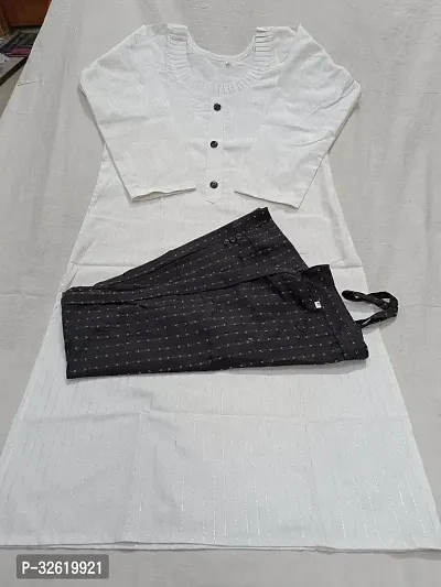 Stylish White Cotton Blend Kurta With Pant Set For Women-thumb3