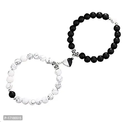 COLOUR OUR DREAMS Couple Bracelet Gifts Heart Shape Alloy Magnet Wristband Stone Beaded Bracelet Valentine Lovers Black and White Gift Couple Magnetic Distance Bracelet-thumb4