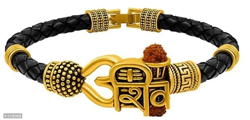 Soni Shiv Trishul Damru Rudraksha Mahakal Oxidized Gold Plated Kada Bracelet for Men, Women, Boys  Girls