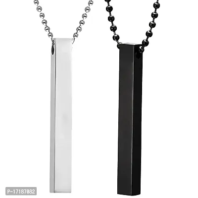 COLOUR OUR DREAMS Men's Jewellery 3D Cuboid Vertical Bar/Stick Stainless Steel Black Silver Locket Pendant Necklace Chain For Boys and Men Unisex Birthday Gift Anniversary Gift Silver Chain Necklace