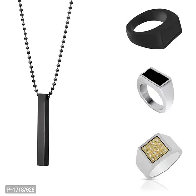 COLOUR OUR DREAMS Black Studded Finger Ring, Black Matte Ring And Square Design Ring Set With Cuboid Bar Neck Pendant For Boys And Men (Pack Of 4)