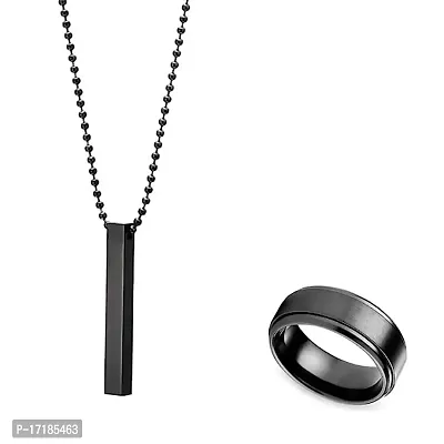 COLOUR OUR DREAMS Combo Of Black Titanium Finger Ring With Cuboid Rectangle Neck Pendant For Boys And Men (Pack Of 2)-thumb0