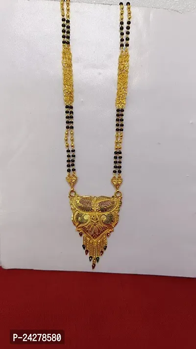 Traditional Ethnic One Gram Gold Plated 30 Inch Long Black Beads Latest Stylish Designer Pendant Golden Mangalsutra for Women-thumb5