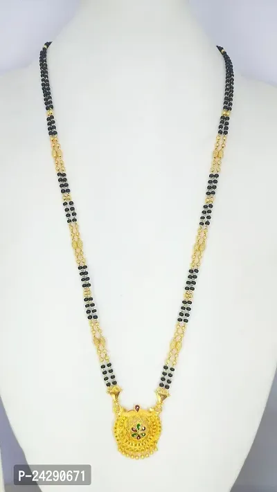 Traditional Ethnic One Gram Gold Plated 30 Inch Long Black Beads Latest Stylish Designer Pendant Golden Mangalsutra for Women-thumb5