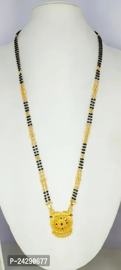 Traditional Ethnic One Gram Gold Plated 30 Inch Long Black Beads Latest Stylish Designer Pendant Golden Mangalsutra for Women-thumb2