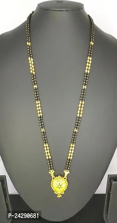 Traditional Ethnic One Gram Gold Plated 30 Inch Long Black Beads Latest Stylish Designer Pendant Golden Mangalsutra for Women-thumb3