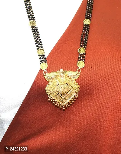 Traditional Ethnic One Gram Gold Plated 30 Inch Long Black Beads Latest Stylish Designer Pendant Golden Mangalsutra for Women-thumb2