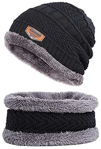 Winter Knit Beanie Cap Hat Neck Warmer Scarf and Woolen Gloves Set for Men And Women 2 Piece Pack of 1 set , Random Color
