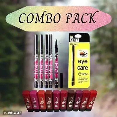 3D-Lips Matte Lipstick Pack Of 10 , Ads Yellow Kajal Pack Of 1 , 36H Black Eyeliner Pack Of 5