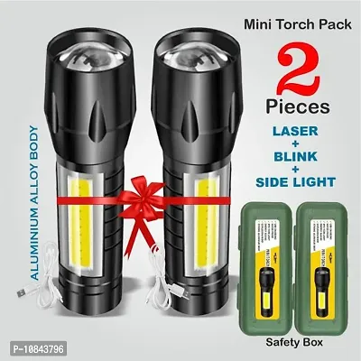 Zoomable Waterproof Torchlight LED 2in1 3 Mode Waterproof Rechargeable LED Zoomable Metal 7w Torch (Black, 9.3 cm, Rechargeable) Pack Of 2-thumb0