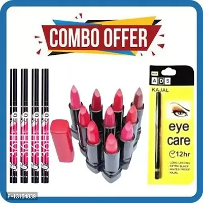 3D-Lips Matte Lipstick Pack Of 10 , Ads Yellow Kajal Pack Of 1 , 36H Black Eyeliner Pack Of 4