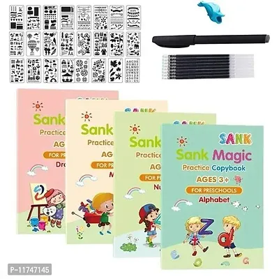 Sank Magic Practice Copybook, (4 BOOK + 10 REFILL+ 1 pen + 1 grip) Number Tracing Book for Preschoolers with Pen, Magic Calligraphy Copybook Set Practical Reusable Writing Tool Simple Hand Lettering-thumb0