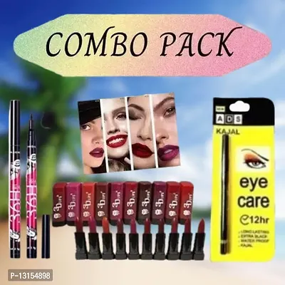 3D-Lips Matte Lipstick Pack Of 10 , Ads Yellow Kajal Pack Of 1 , 36H Black Eyeliner Pack Of 2