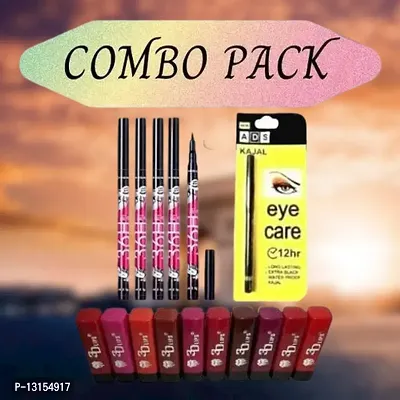 3D-Lips Matte Lipstick Pack Of 10 , Ads Yellow Kajal Pack Of 1 , 36H Black Eyeliner Pack Of 5-thumb0