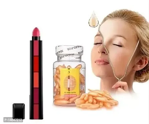 Vitamin E Capsules Facial Oil 60 Soft Gel Capsule Vitamin E Face Glowing, Skin Whitening Eyes for Acne Scars, Wrinkles, Moisturizer, Dark Circles Pack Of 1 + 5in1 Lipstick Pack Of 1