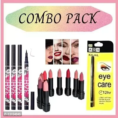 3D-Lips Matte Lipstick Pack Of 10 , Ads Yellow Kajal Pack Of 1 , 36H Black Eyeliner Pack Of 4-thumb0