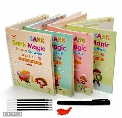 Magic Practice Copybook, (4 BOOK + 2 pen + 10 REFILL) Number Tracing Book for Preschoolers with Pen, Magic Calligraphy Copybook Set Practical Reusable Writing Tool (SIZE- 19x13 CM)-thumb0