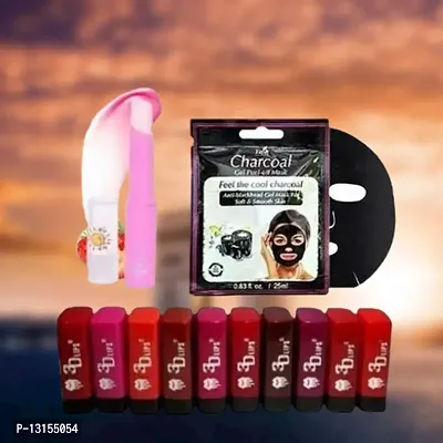3D-Lips Matte Lipstick Pack Of 10 , Mini Charcoal Mask Pack Of 1 , Pink Magic Lip Balm Pack Of 1-thumb0