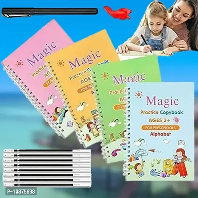 Sank Magic Practice Copybook, (4 BOOK + 10 REFILL+ 1 pen + 1 grip) Number Tracing Book for Preschoolers with Pen, Magic Calligraphy Copybook Set Practical Reusable Writing Tool Simple Hand Lettering