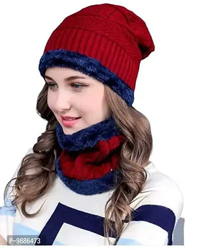 Winter Knit Beanie Cap Hat Neck Warmer Scarf and Woolen Gloves Set for Men And Women 2 Piece Pack of 1 set , Random Color