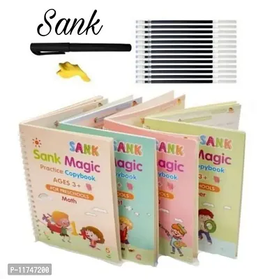 Magic Practice Copybook, (4 BOOK + 2 pen + 10 REFILL) Number Tracing Book for Preschoolers with Pen, Magic Calligraphy Copybook Set Practical Reusable Writing Tool (SIZE- 19x13 CM)