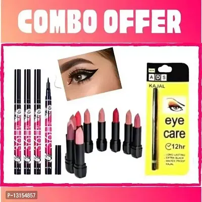 3D-Lips Matte Lipstick Pack Of 10 , Ads Yellow Kajal Pack Of 1 , 36H Black Eyeliner Pack Of 4-thumb0