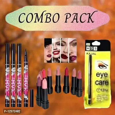 3D-Lips Matte Lipstick pack of 10 + Ads Yellow Kajal pack of 1 + 36H black Eyeliner pack of 4