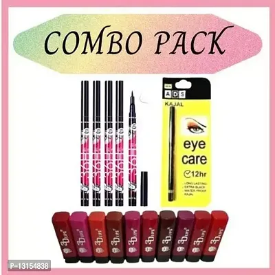 3D-Lips Matte Lipstick Pack Of 10 , Ads Yellow Kajal Pack Of 1 , 36H Black Eyeliner Pack Of 5