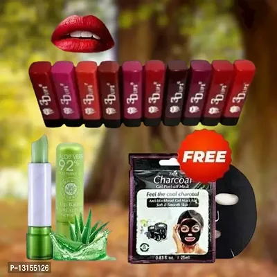 3D-Lips Matte Lipstick Pack Of 10 , Mini Charcoal Mask Pack Of 1 , Aloe Vera Lip Balm Pack Of 1-thumb0