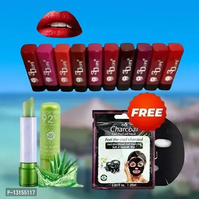 3D-Lips Matte Lipstick Pack Of 10 , Mini Charcoal Mask Pack Of 1 , Aloe Vera Lip Balm Pack Of 1