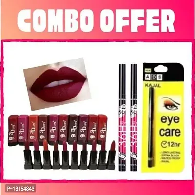 3D-Lips Matte Lipstick Pack Of 10 , Ads Yellow Kajal Pack Of 1 , 36H Black Eyeliner Pack Of 2-thumb0