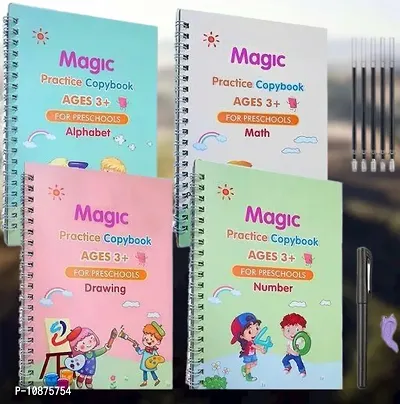 Magic Practice Copybook, (4 BOOK + 2 pen + 10 REFILL) Number Tracing Book for Preschoolers with Pen, Magic Calligraphy Copybook Set Practical Reusable Writing Tool (SIZE- 19*13 CM)