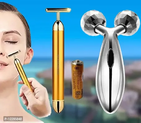 Gold Energy Beauty Bar Electric Vibration Facial Massage Roller, T-Shaped Anti Wrinkle Massagerwith 3D Roller Massager (Combo Of 2)