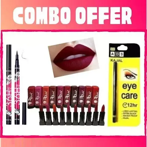 3D-Lips Matte Lipstick Pack Of 10 with Kajal And Eyeliner