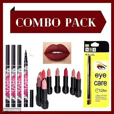 3D-Lips Matte Lipstick Pack Of 10 , Ads Yellow Kajal Pack Of 1 , 36H Black Eyeliner Pack Of 4