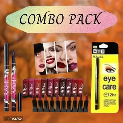 3D-Lips Matte Lipstick Pack Of 10 , Ads Yellow Kajal Pack Of 1 , 36H Black Eyeliner Pack Of 2