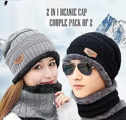 New Latest Winter Knit Thick Fleece Woolen Combo of Beanie Winter Cap Hat and Faux Fur Lining Wool Neck Muffler Scarf in Black for All Girls Boys Men Wome Pack of 2 set , Random Color