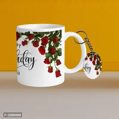 Stylish Ceramic Printed Coffee Mug with Keychain, 330ml