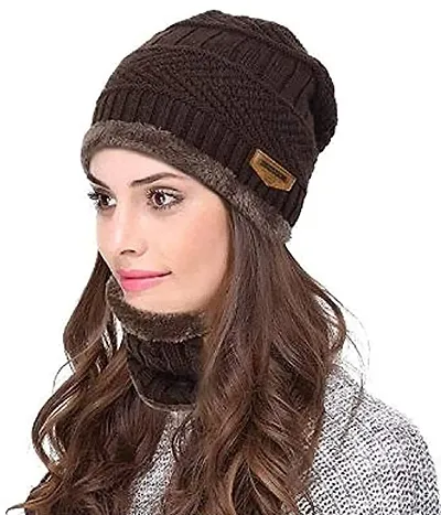 R2G Women's and Men's Snow Proof Woolen Cap Inside Fur Warm Winter Soft Beanie Cap - Brown