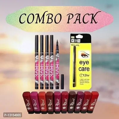 3D-Lips Matte Lipstick Pack Of 10 , Ads Yellow Kajal Pack Of 1 , 36H Black Eyeliner Pack Of 5