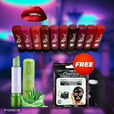 3D-Lips Matte Lipstick Pack Of 10 , Mini Charcoal Mask Pack Of 1 , Aloe Vera Lip Balm Pack Of 1-thumb0