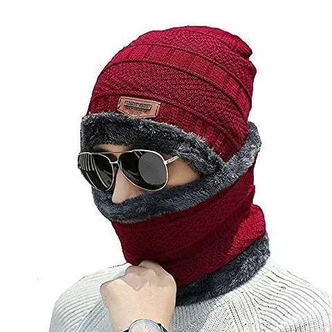 VANILLAFUDGE Woolen Winter Cap with Neck Muffler Set Warn Soft for Snow | Knit Beanie Cap Hat Neck Warmer Scarf Set for Women and Men Free Size