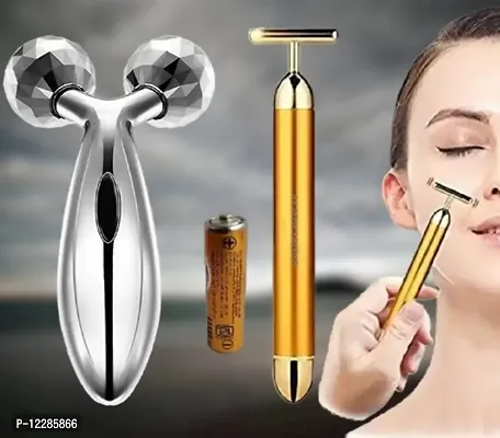 Golden Energy Beauty Bar Massager 24 K Gold Electric Vibration Facial Massage Roller Waterproof Face Skin Care  (Combo Of 2)-thumb0