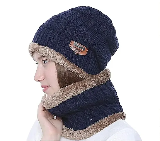R2G Women's and Men's Snow Proof Woolen Cap Inside Fur Warm Winter Soft Beanie Cap - Blue